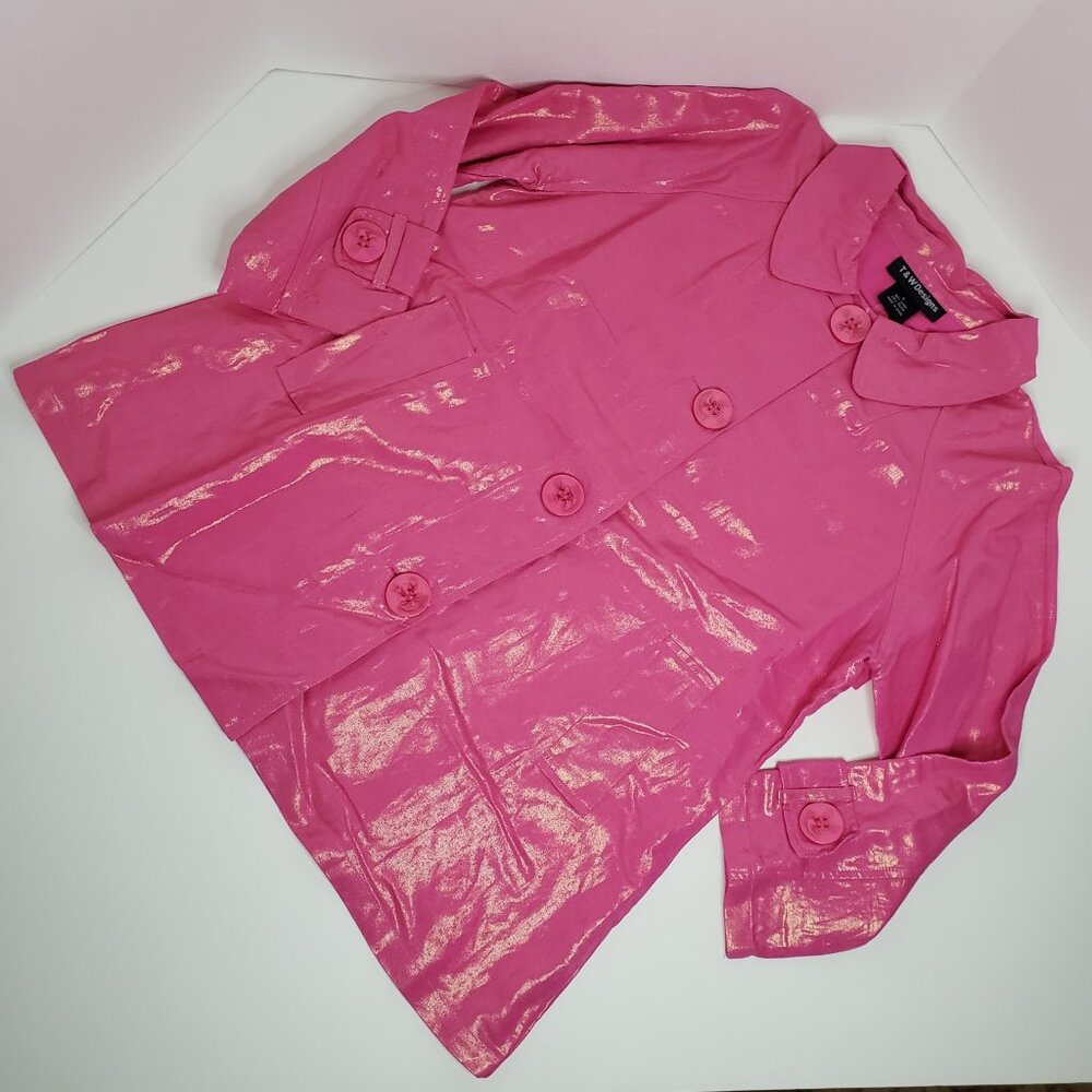 T & W Design Womens Linen Blend Button Front Blazer Jacket Pink Shiny Barbie Vtg